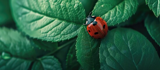 Poster - Macro photo of a ladybug on a green rose leaf with a blank space for text or other images captured.