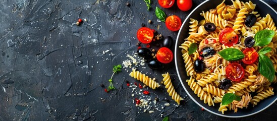 Aufkleber - Top-down view of a fusilli pasta dish featuring tuna, tomatoes, olives, and parmesan cheese with ample copy space for a healthy food concept.