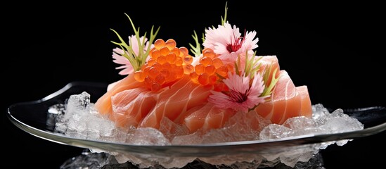 Poster - Japanese-style presentation of salmon sashimi on a flower-shaped ice bowl boat, isolated against a black background with copy space image.