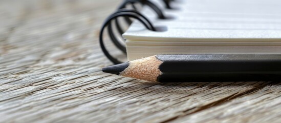 Fototapete - A black pencil is nestled between a white notebook on a wooden background in a close-up and macro shot with selective focus, illustrating a stationery concept with copy space image.