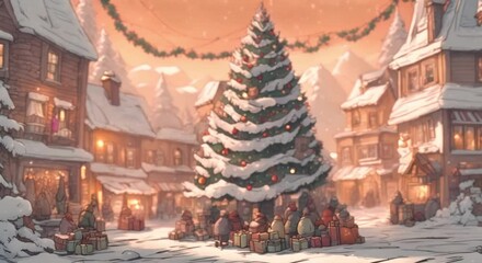 Poster - A Christmas scene with a large tree in the center of a snowy town. The town is filled with people and presents, creating a festive atmosphere