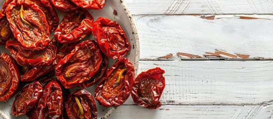 Poster - Whole sun-dried tomatoes on a white wooden table with copy space image.