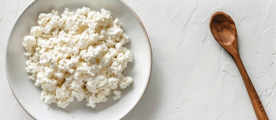 Aufkleber - Soft, healthy cottage cheese on a white plate with a wooden spoon, set against a clean white background. Ideal for a nutritious breakfast or diet, perfect for copy space image.