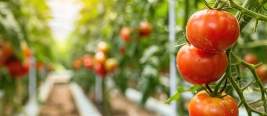Aufkleber - Ripe red tomatoes growing in an organic greenhouse garden, suitable for harvest, with copy space image.