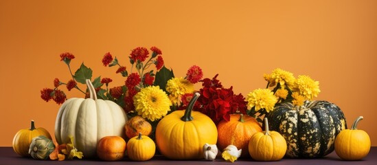 Aufkleber - A chic autumn arrangement with vibrant flowers, pumpkins, and squashes on a yellow backdrop. Seasonal greeting card design with copy space image. Happy Thanksgiving!