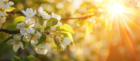 Wall Mural - A stunning apple tree branch with white blossoms basks in the sunlight during spring, creating a serene nature scene with a sun flare, ideal copy space image.