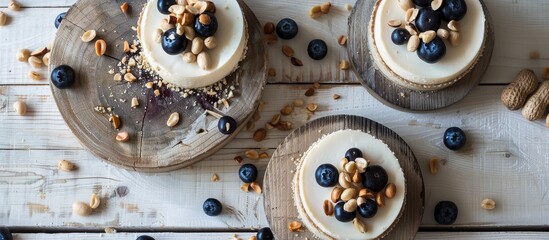 Poster - Two cheesecakes placed on a light wood background with scattered blueberries and peanuts, suitable for a food blog poster with copy space image.