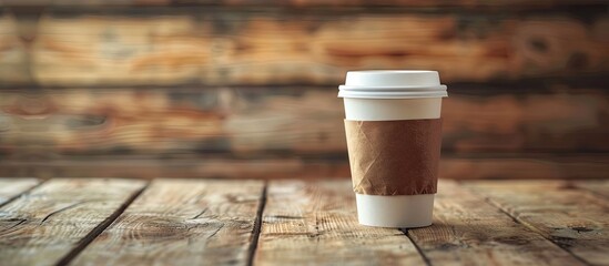 Aufkleber - Coffee to-go cup placed on wooden surface with room for text or advertisement in the background.