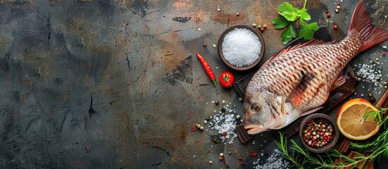 Aufkleber - Raw tilapia fish prepared with salt and spices, perfect for cooking, with a blank space for adding a custom image.