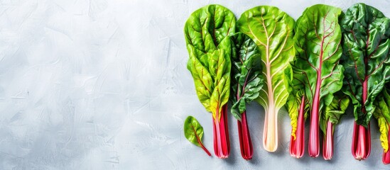 Canvas Print - Top view of healthy and highly nutritious raw chard leaves on a light background with copy space image.