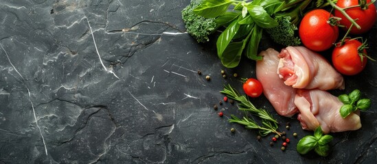 Poster - A ketogenic diet theme featuring raw chicken, fresh vegetables, and herbs on a stone backdrop with a blank area for text or images.