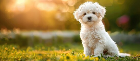 Poster - Adorable Bichon Frise pup sitting on green park grass with copy space image.