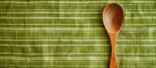 Aufkleber - Wooden spoon placed on a green striped tablecloth with available copy space image.