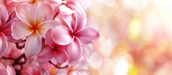 Poster - Natural floral macro background featuring pink Frangipani flowers with copy space image.