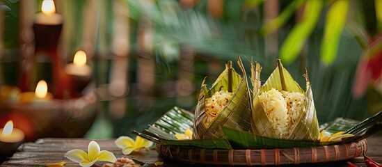 Poster - Rice dumpling, Ketupat, is a traditional dish encased in plaited coconut leaves, popular during festivities. Copy space image available.