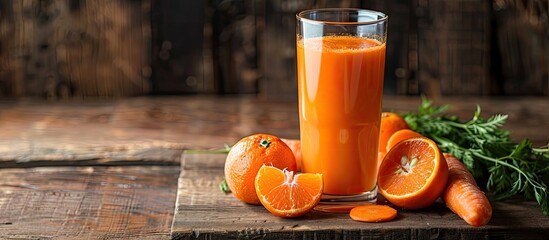 Poster - A glass of healthy carrot and tangerine juice on a wooden table, ideal for incorporating copy space image.