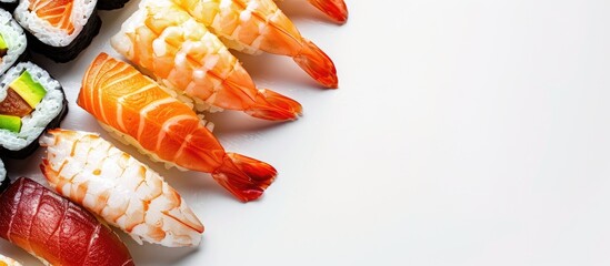 Poster - A close-up studio shot of freshly made sushi with gentle shadows on a white backdrop. Includes a copy space image.