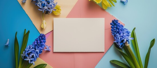 Aufkleber - Spring hyacinth flowers in a flat lay composition with a blank card on a colorful background, offering ample space for text input.