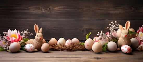 Poster - Wooden table with Easter eggs and bunny ear decorations for a festive Easter holiday setting. Ample copy space image available.