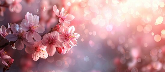 Poster - Cherry tree flowers blooming softly in spring, against a blurred bokeh background with copy space image.