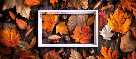Leinwandbilder - Autumn leaves surrounding a white square frame with copy space image.