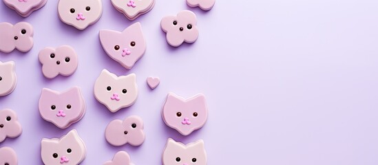 Aufkleber - Light purple paper background with Valentine cat-shaped cookies, featuring copy space image.