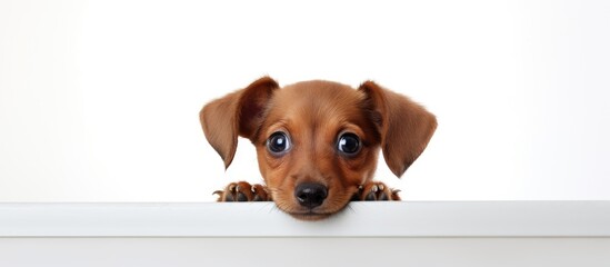 Poster - A cute puppy is on a blank white backdrop, with copy space image.