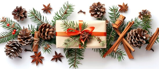 Poster - A festive Christmas arrangement featuring a gift box, ribbon, fir branches, cones, anise, and cinnamon on a white background, with a top-view perspective and room for text or images.