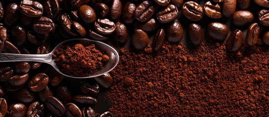 Aufkleber - Close-up of coffee beans with a spoon of ground coffee on a mirrored background, creating a beautiful composition with ample copy space image.