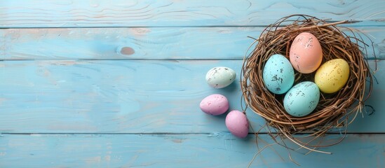Poster - Colorful Easter egg in a nest on blue pastel color wood background with copy space image.