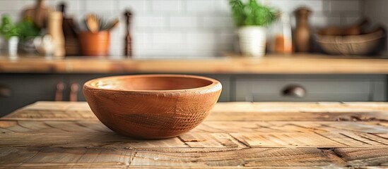 Aufkleber - A wooden table showcasing an empty clay bowl, with ample copy space image for product display on a kitchen countertop.