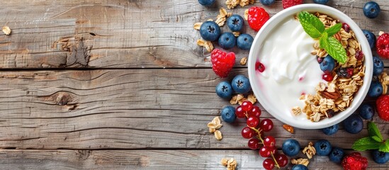 Poster - Nutritious morning meal featuring granola, muesli, yogurt, and berries on a rustic wooden backdrop perfect for inserting text or images.