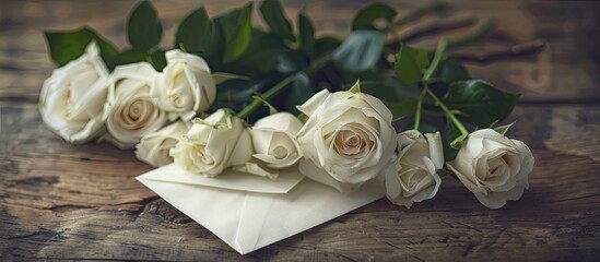 Poster - White roses bouquet and envelope in a romantic composition, suitable for congratulatory invitations or postcard designs with copy space image.