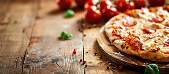 Poster - Fresh pizza on wooden surface with copy space image.