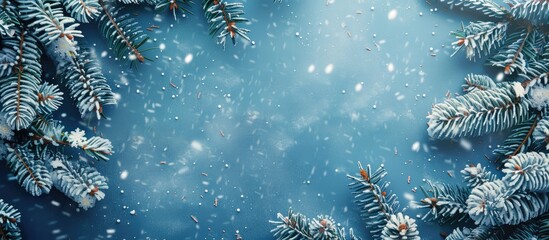 Poster - Snow-textured blue background features decorated Christmas fir tree branches with copy space image.