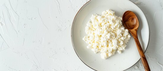 Wall Mural - Soft, healthy cottage cheese on a white plate with a wooden spoon, set against a clean white background. Ideal for a nutritious breakfast or diet, perfect for copy space image.