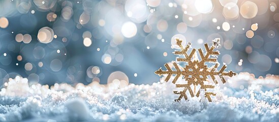 Aufkleber - Snowfall depicted with a snowflake ornament in a snowy setting, with copy space image.