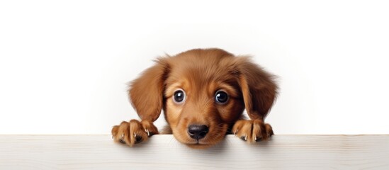 Poster - A charming Hovawart puppy with a cute and curious expression gazes at the camera against a white backdrop, making it an adorable choice for a banner with copy space image.