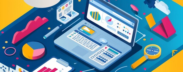 Poster - Digital marketing concept with laptop, charts, and graphs on vibrant background symbolizing data analysis, business strategy, and growth.