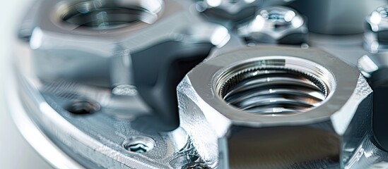 Poster - Close-up image of a metal nut fastening a car wheel on a white background, representing a car spare part with copy space image.