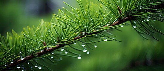 Poster - Pine tree with raindrop-covered needles in a serene forest setting, perfect for a copy space image.