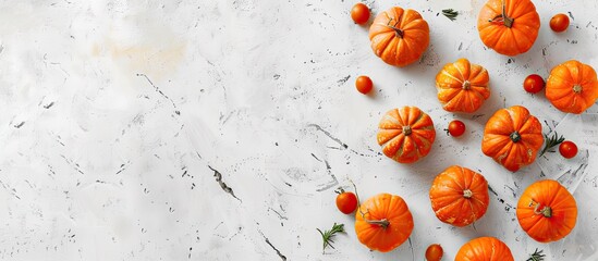 Aufkleber - Fall-themed banner featuring orange pumpkins on a white grunge background. Perfect for Autumn, Halloween, and Thanksgiving. Top-down view with a styled flat lay and copy space image.