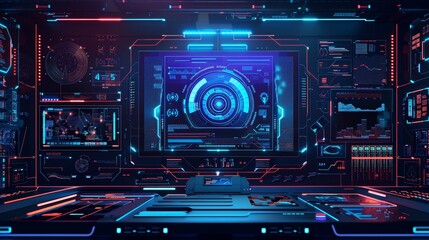 Poster - Futuristic computer interface with digital holographics in a dark room, showcasing advanced technology and intricate system designs.