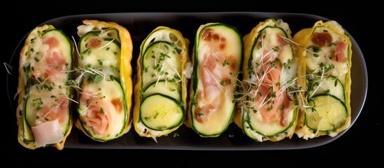 Wall Mural - View from above of healthy breakfast omelet rolls filled with zucchini, ham, and cheese, presenting a copy space image.