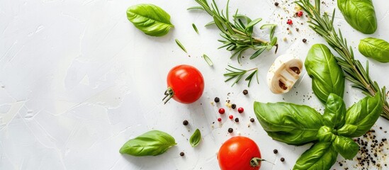 Poster - Fresh basil, rosemary, vegetables, and spices set on a white kitchen table in a top view photograph with ample copy space, perfect for cooking healthy meals.