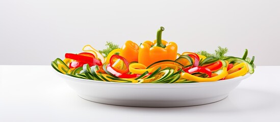 Sticker - Colorful bell pepper slices and spring onion in a ceramic dish on a white background with copy space image.