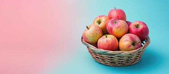Poster - A photo of ripe apples in a basket with pink and turquoise tones creating a vibrant look, showcasing a beautiful display with copy space image.