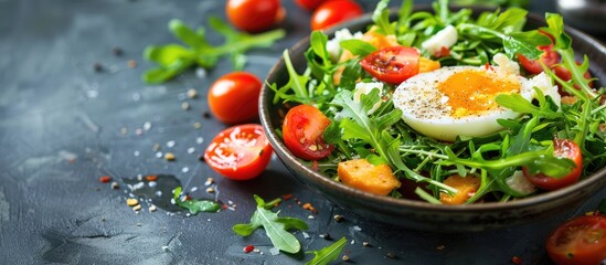 Poster - Arugula salad with cherry tomatoes, cheese, and egg in a bowl on a table with selective focus for a copy space image.