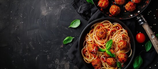 Poster - Top view image of spaghetti with meatballs in tomato sauce on a frying pan against a dark table background with space for text.