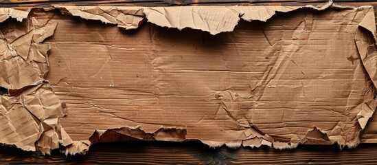Aufkleber - Ripped cardboard and brown paper with copy space image on rustic wood background viewed from the top.